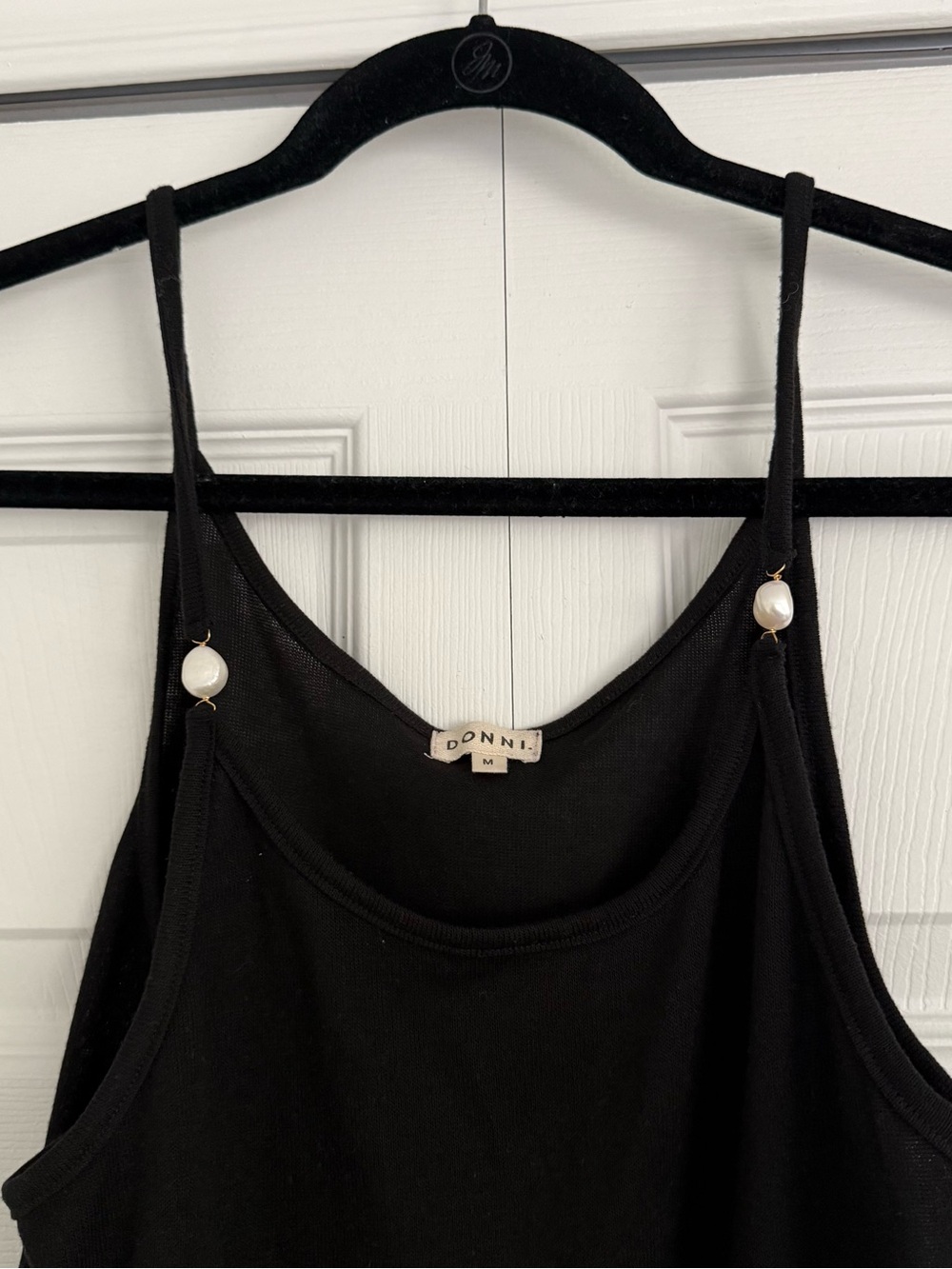 DONNI. Black Tank Top with Pearl Strap Details